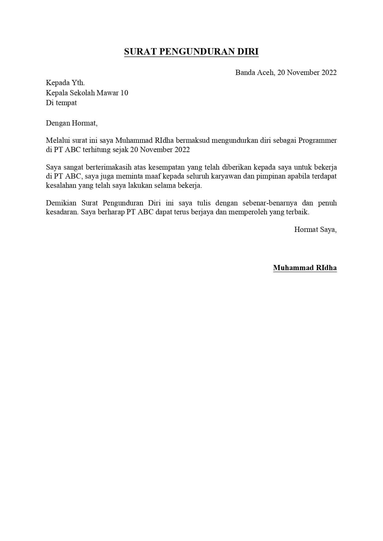 Surat Pengunduran Diri